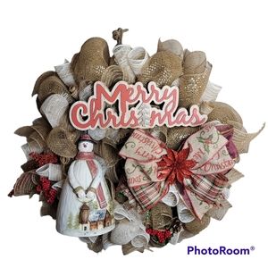 Handmade Merry Christmas Snowman With Lantern Wreath